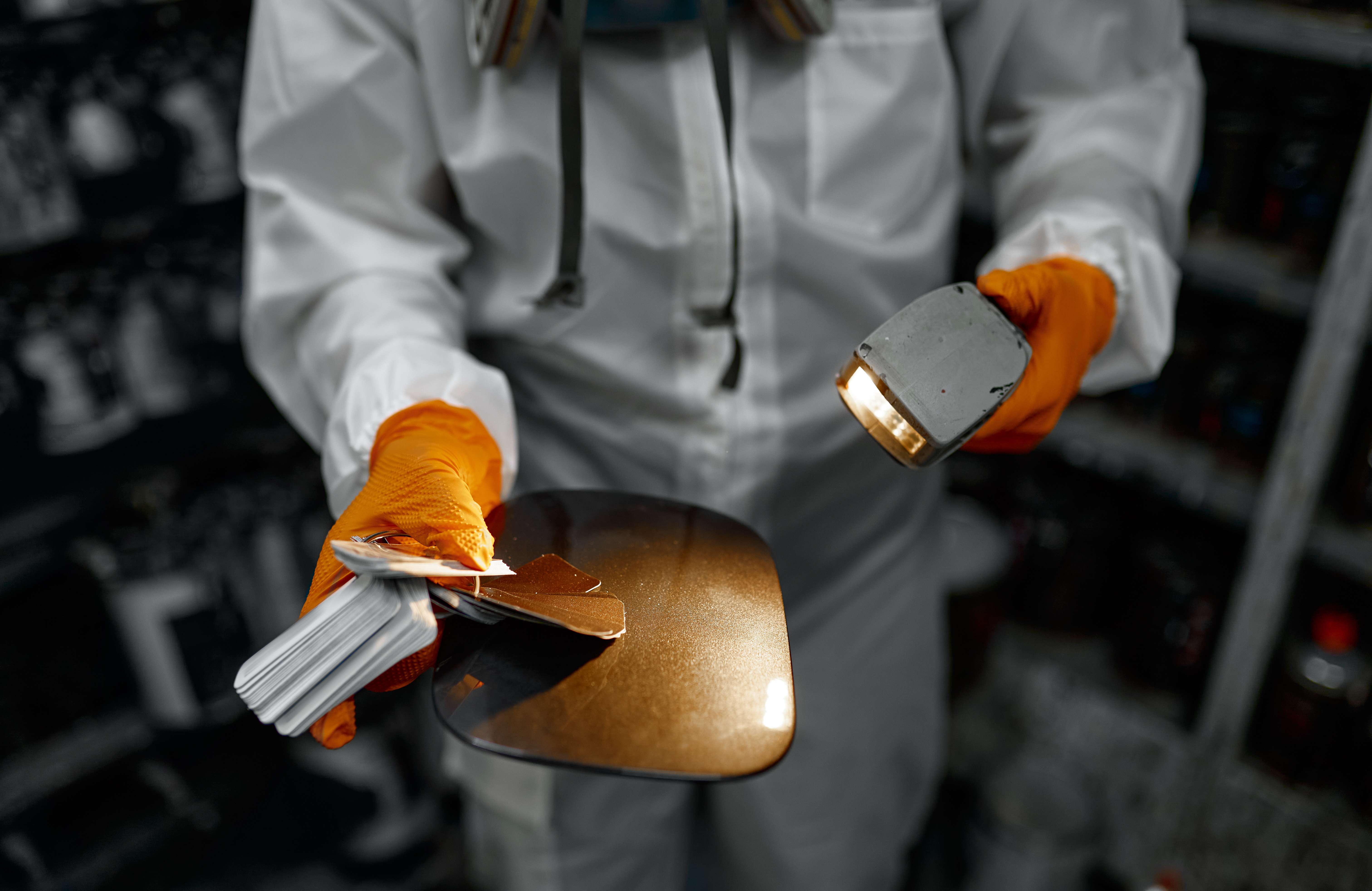 A person compares a swatch of paint to a vehicles gas tank lid.